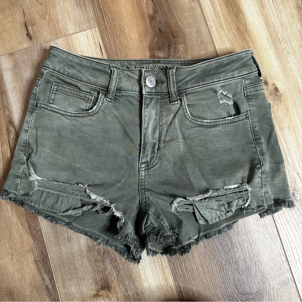American Eagle Outfitters Olive Green Distressed Hi-Rise Shortie Jean Short 2